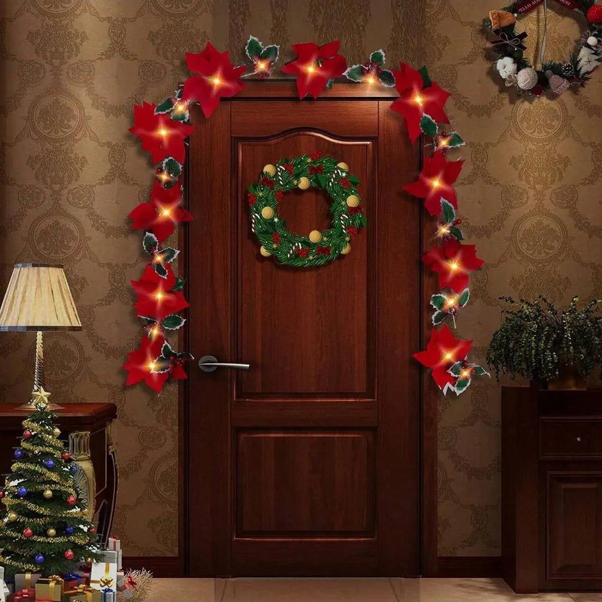 Red Poinsettia Floral LED String Lights