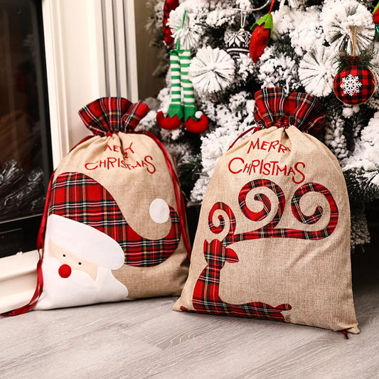 Large Linen Christmas Drawstring Gift Bag