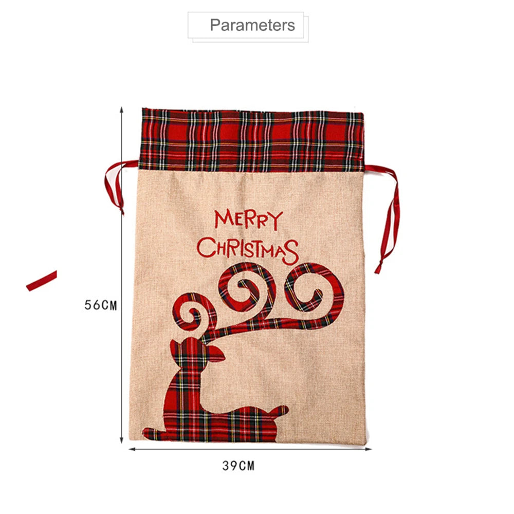 Large Linen Christmas Drawstring Gift Bag