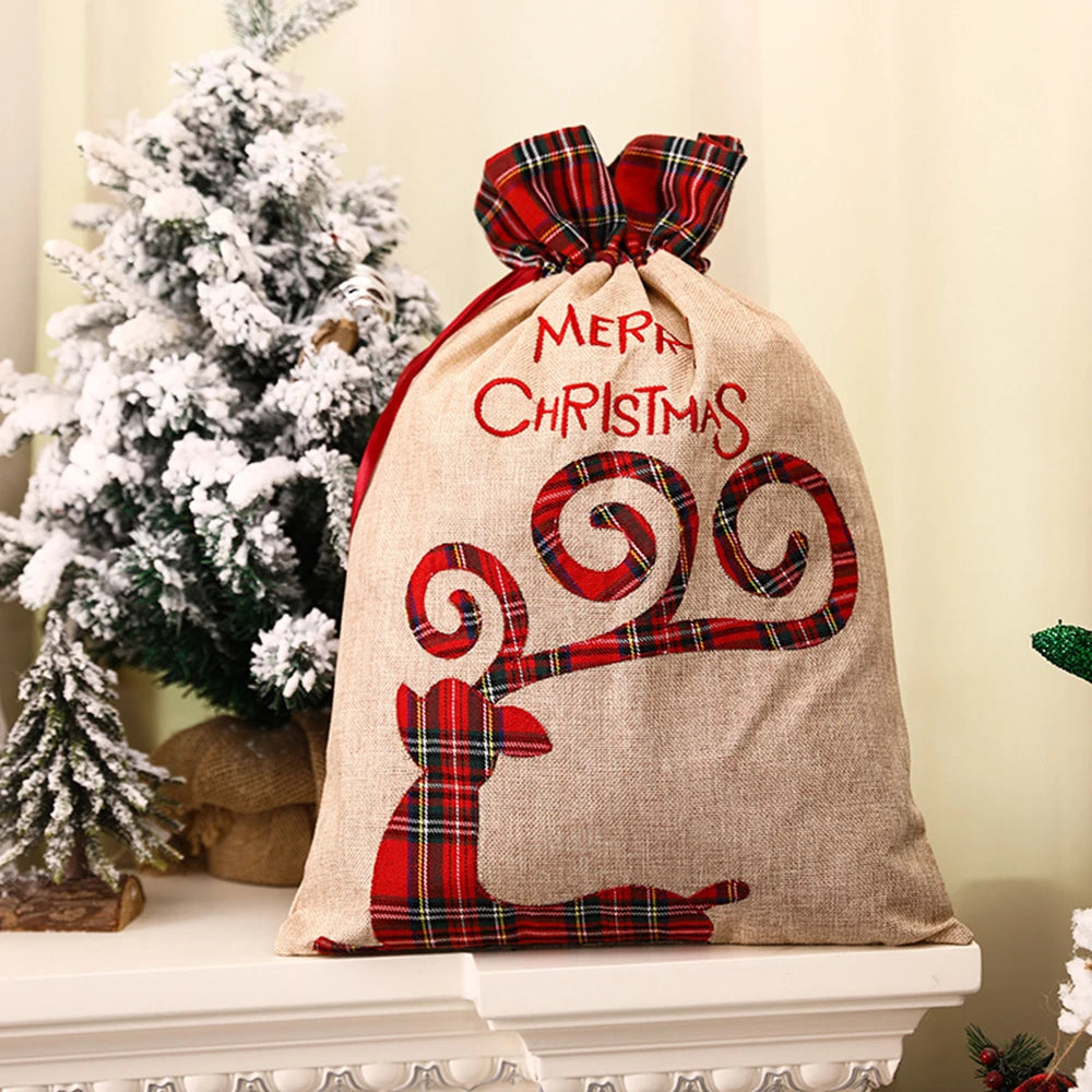 Large Linen Christmas Drawstring Gift Bag