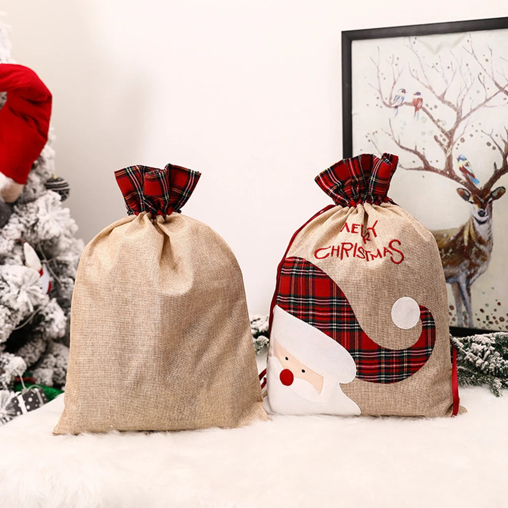 Large Linen Christmas Drawstring Gift Bag