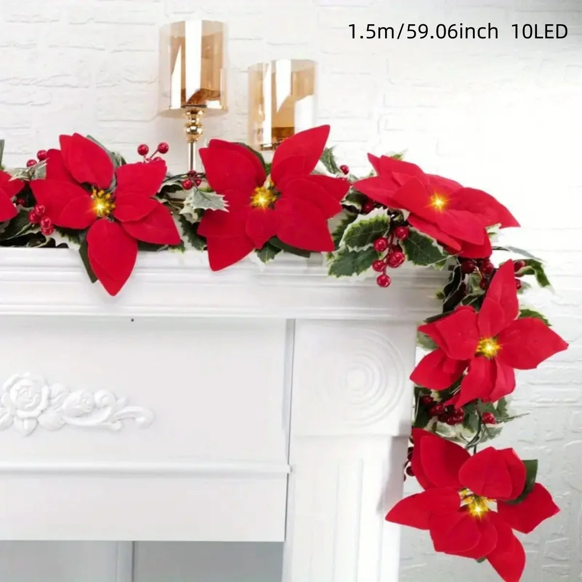Red Poinsettia Floral LED String Lights