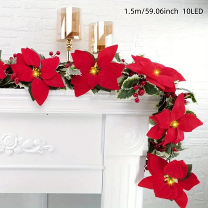 Red Poinsettia Floral LED String Lights