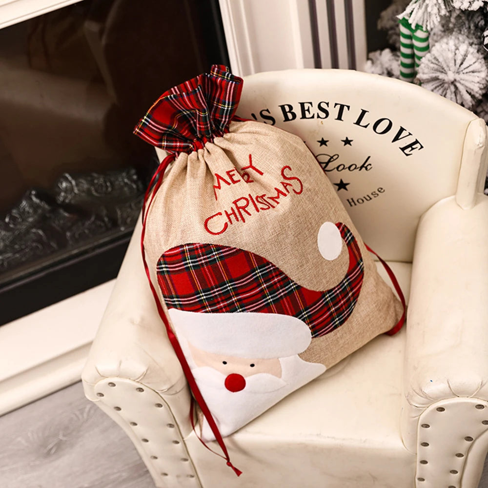 Large Linen Christmas Drawstring Gift Bag